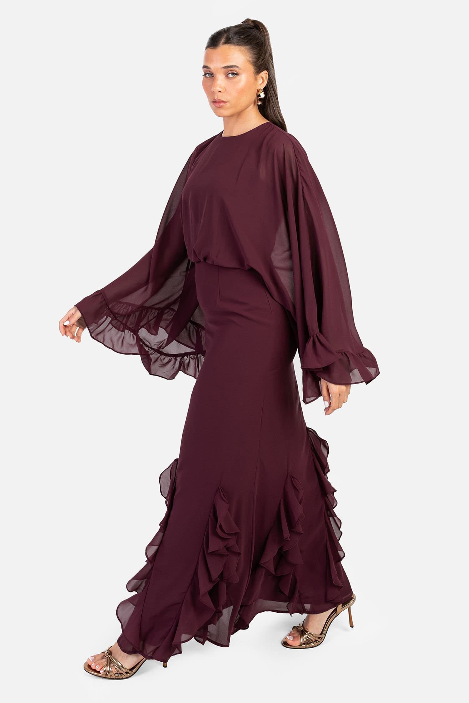 Anaya with Love Anaya with Love Women's Oversized Sleeve Round Neck Ruffle Maxi Dress in Maroon