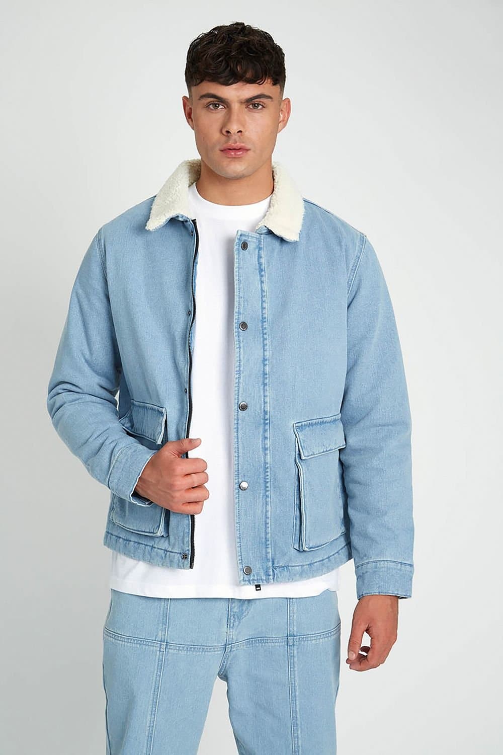 Native Youth Native Youth Men's Light Wash Denim Sherpa Collar Jacket in Blue