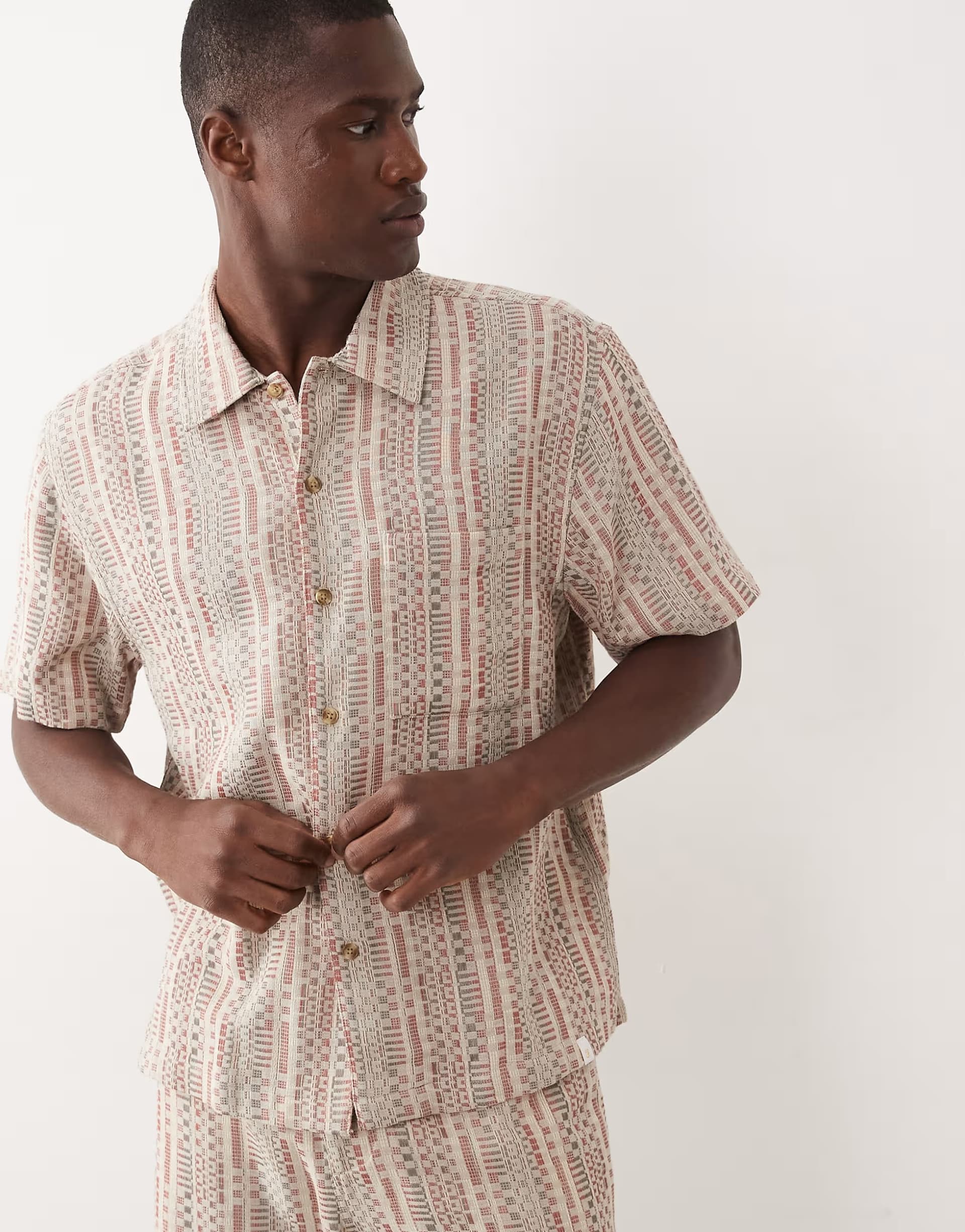 ASOS Farah Clarence co-ord short sleeve textured stripe logo shirt in red