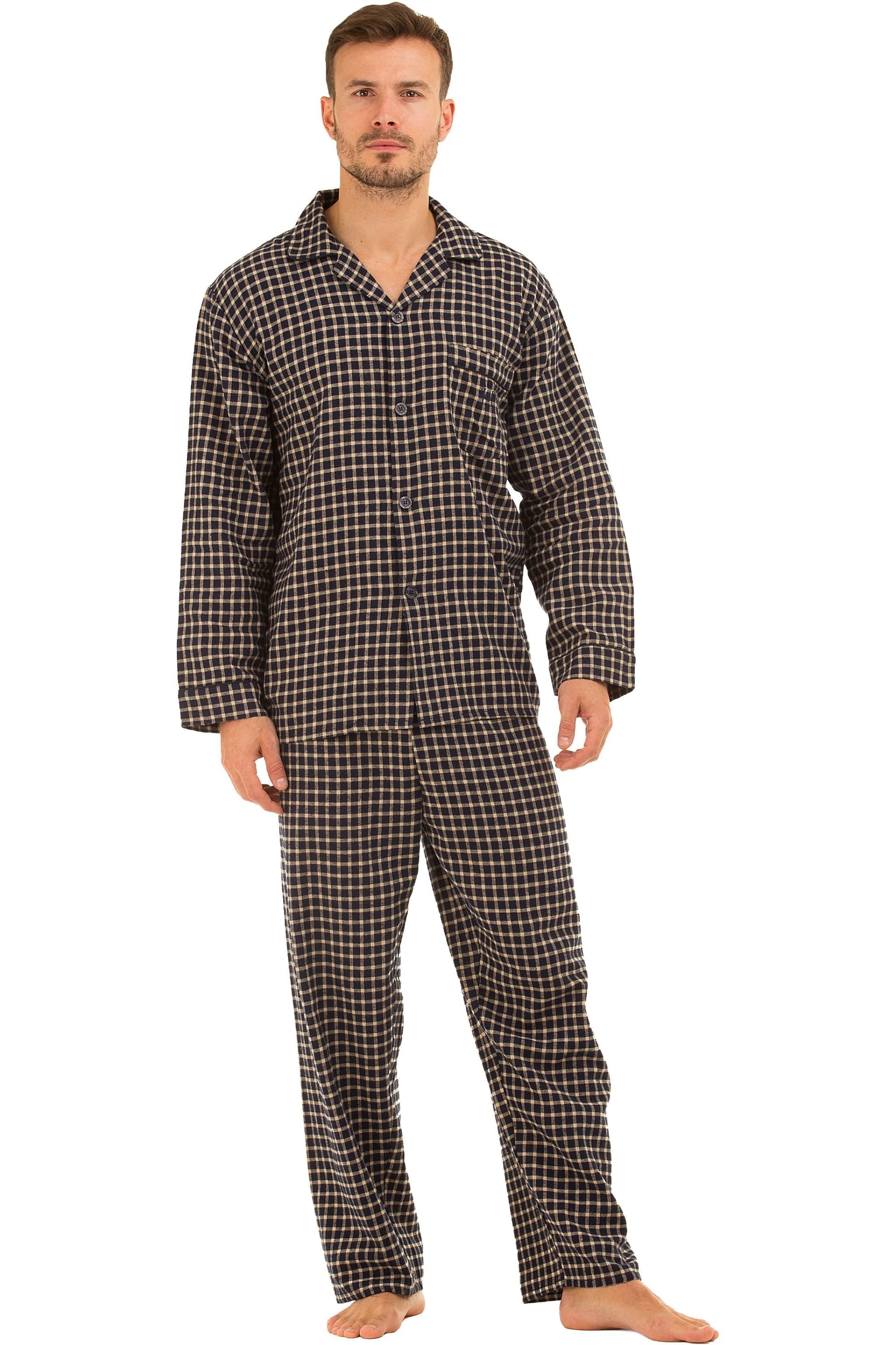 Haigman Haigman Men's Men's Yarn Dyed Brushed Cotton Button Through Pyjama Set in Dark Navy