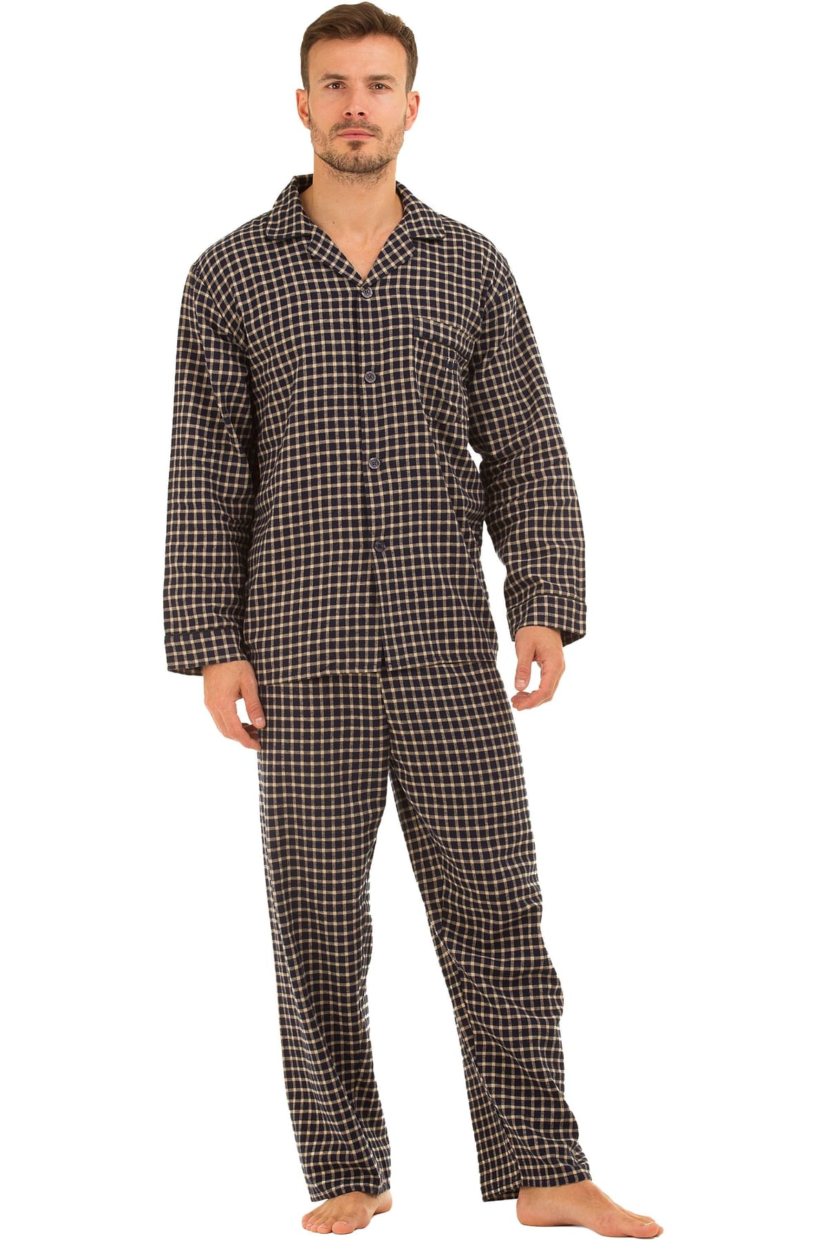 Haigman Haigman Men's Men's Yarn Dyed Brushed Cotton Button Through Pyjama Set in Dark Navy - 1