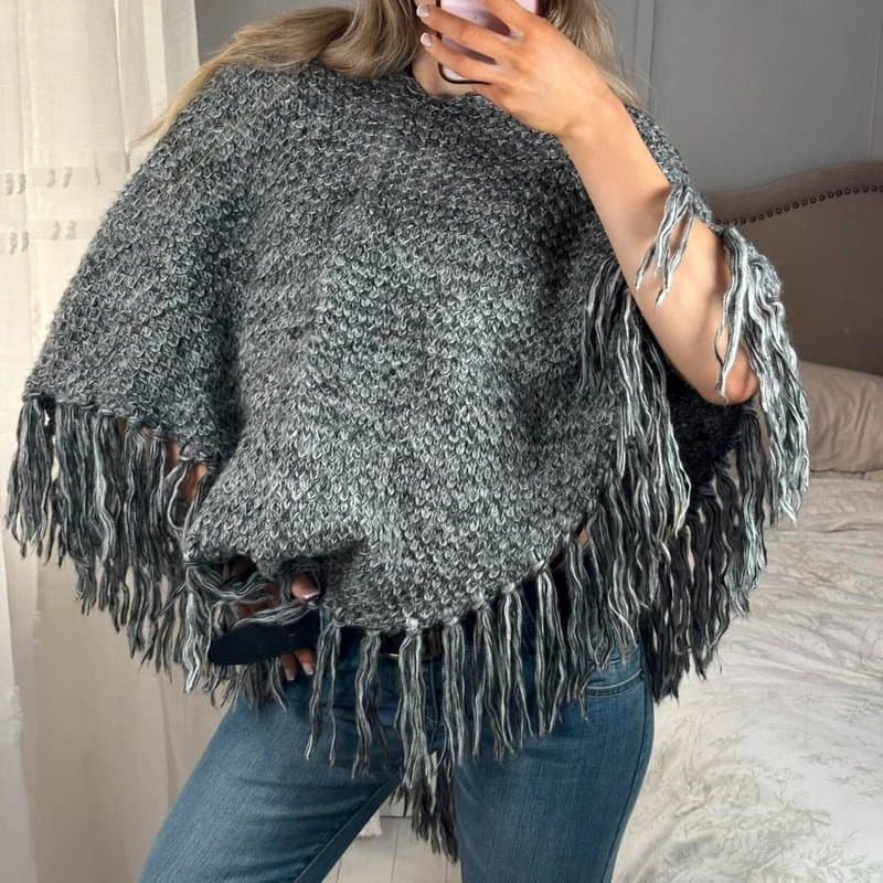 Topshop Y2K grey poncho knitted fringe detail