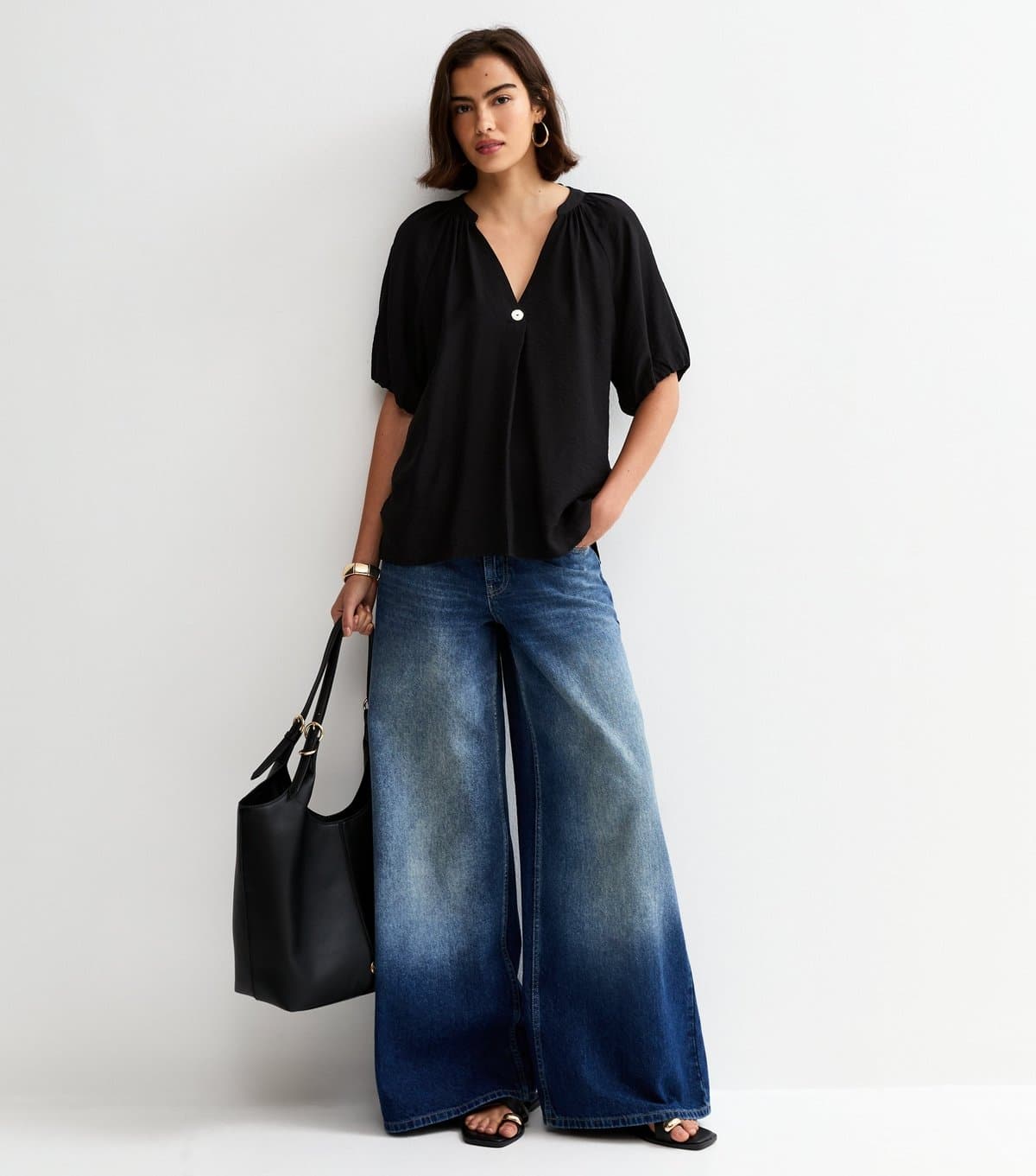 New Look Women's Black Puff Sleeve V-Neck Blouse New Look