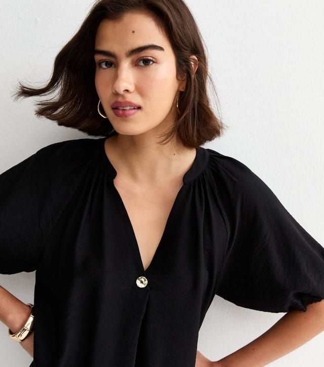 New Look Women's Black Puff Sleeve V-Neck Blouse New Look - 2