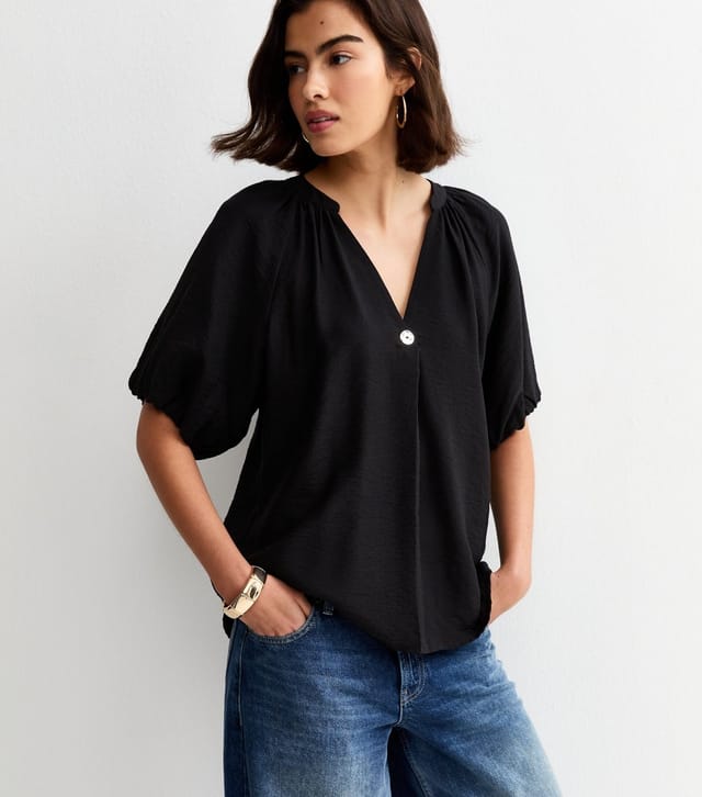 New Look Women's Black Puff Sleeve V-Neck Blouse New Look - 3