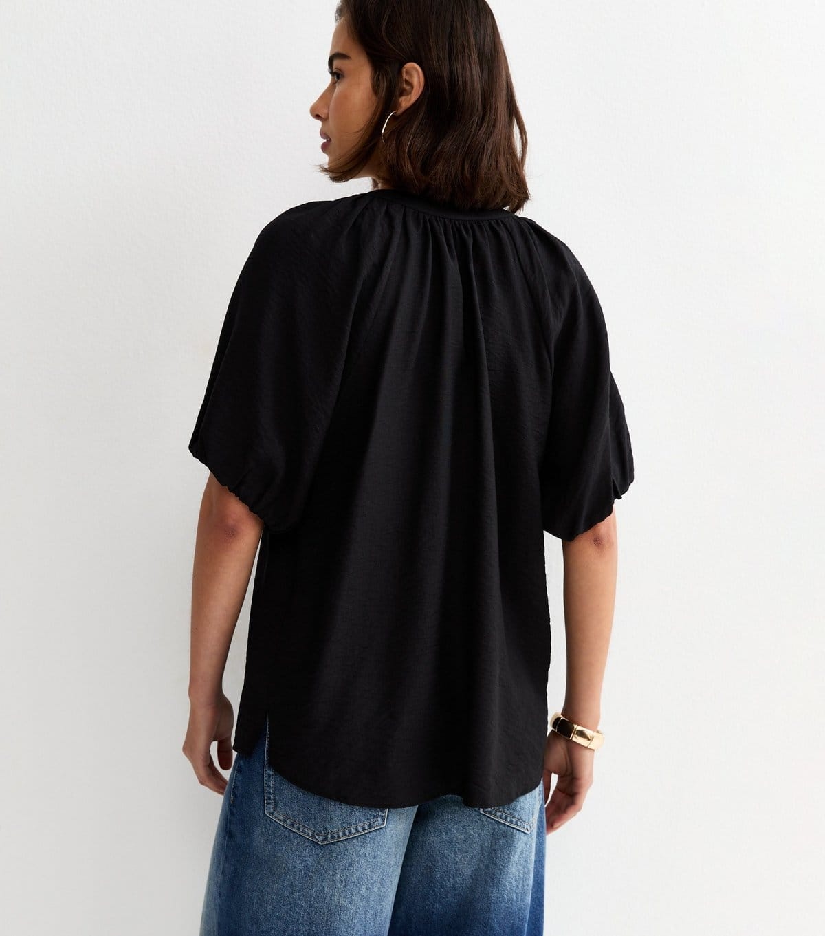 New Look Women's Black Puff Sleeve V-Neck Blouse New Look - 4