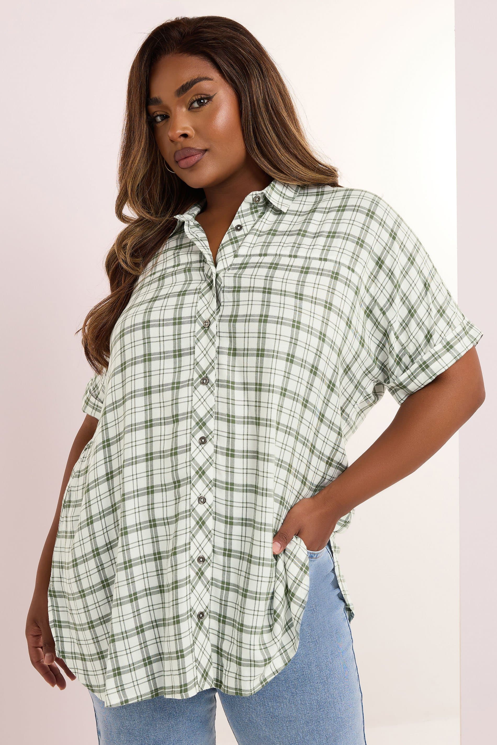 Yours Plus Size Green Metallic Check Print Shirt