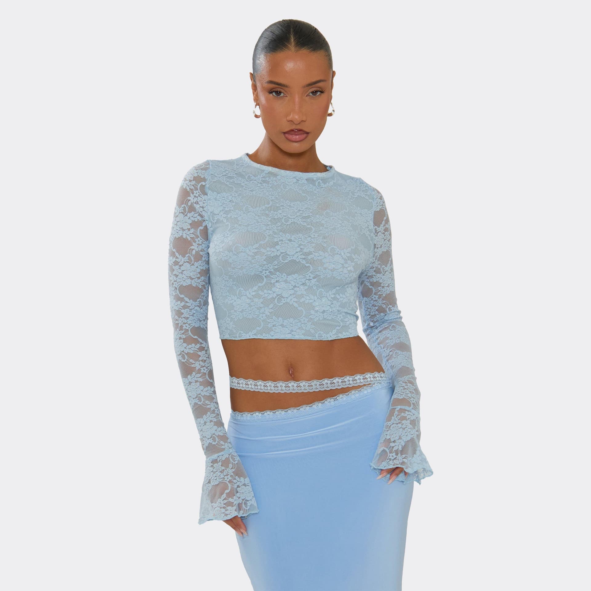 EGO EGO Blue Lace Flared Long Sleeve Top, Women's Size UK 6