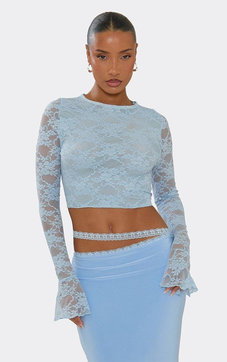 EGO Flared Long Sleeve Top In Blue Lace, Women's Size UK 6 - 2