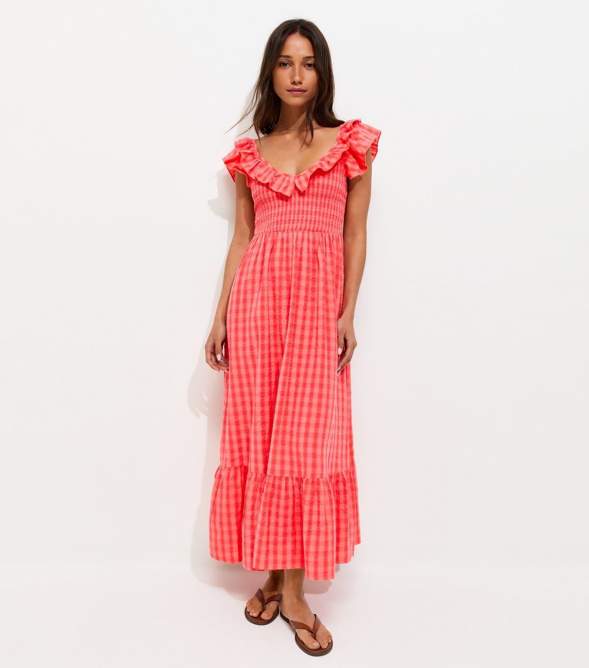New Look Women's Red Cotton Gingham Ruffled Neck Midi Dress New Look