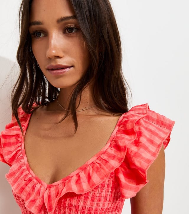New Look Women's Red Cotton Gingham Ruffled Neck Midi Dress New Look - 2