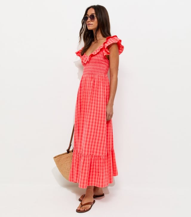 New Look Women's Red Cotton Gingham Ruffled Neck Midi Dress New Look - 3