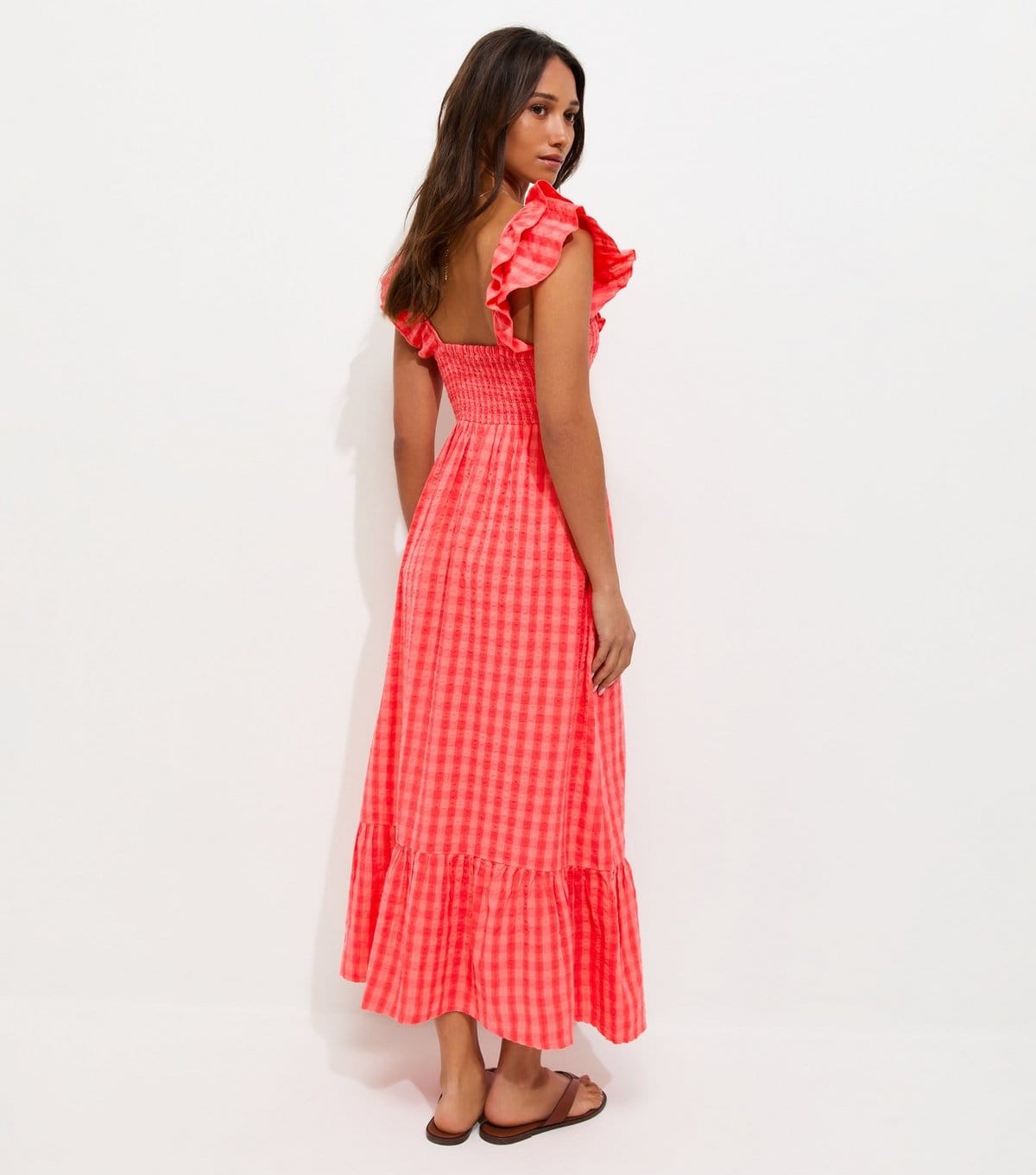 New Look Women's Red Cotton Gingham Ruffled Neck Midi Dress New Look - 4