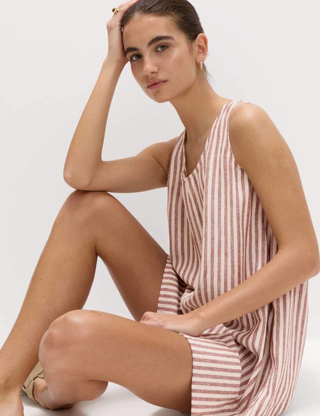 Marks & Spencer M&S Linen Rich Volume Playsuit Brown Mix