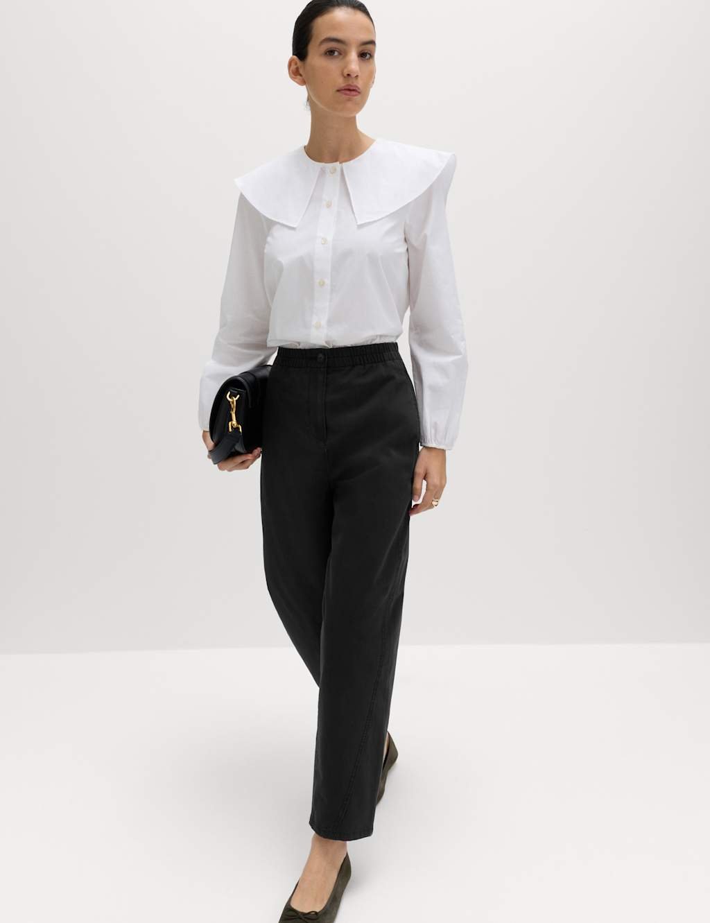 Marks & Spencer M&S Pure Cotton Elasticated Waist Carrot Leg Trousers Black - 1