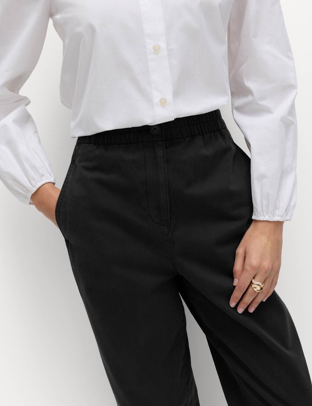 Marks & Spencer M&S Pure Cotton Elasticated Waist Carrot Leg Trousers Black - 2