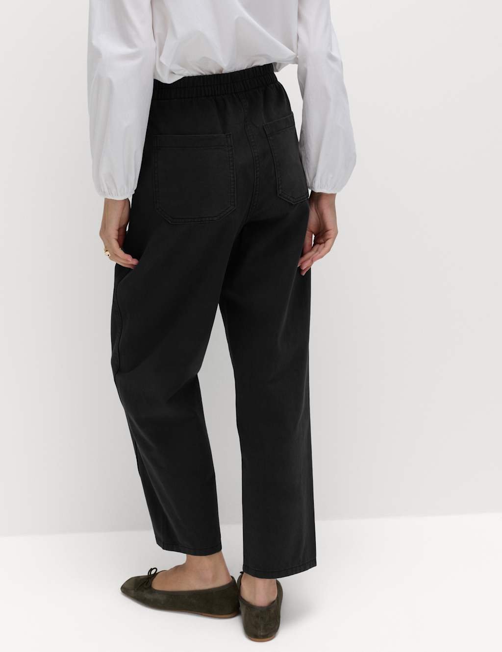 Marks & Spencer M&S Pure Cotton Elasticated Waist Carrot Leg Trousers Black - 3