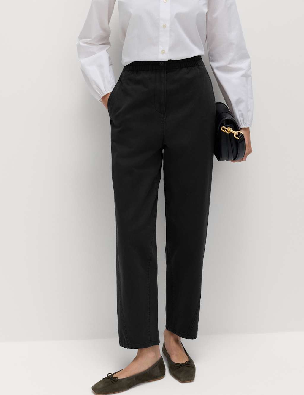 Marks & Spencer M&S Pure Cotton Elasticated Waist Carrot Leg Trousers Black - 4