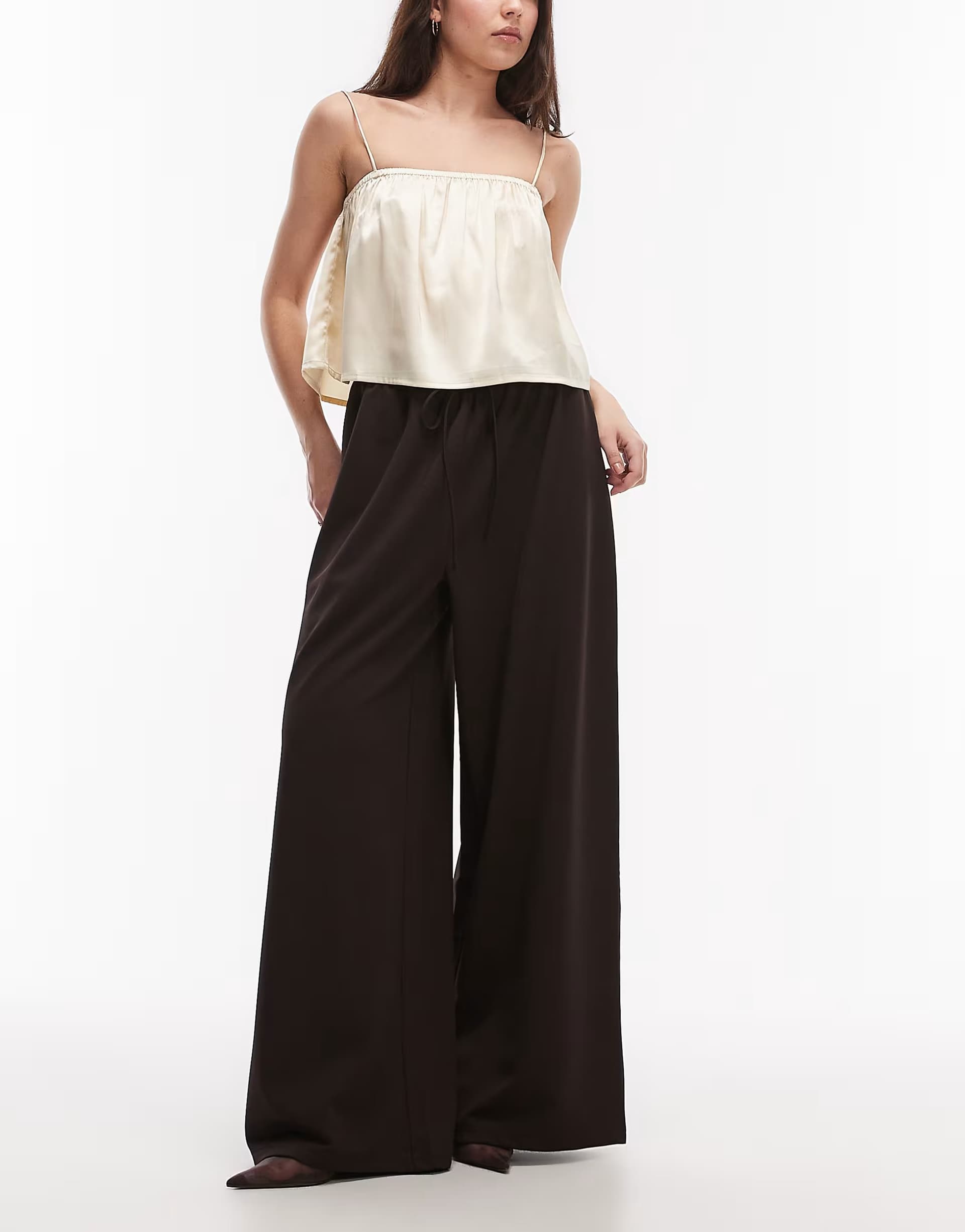 ASOS ASOS DESIGN slinky twill super wide leg trousers with tie waist in chocolate