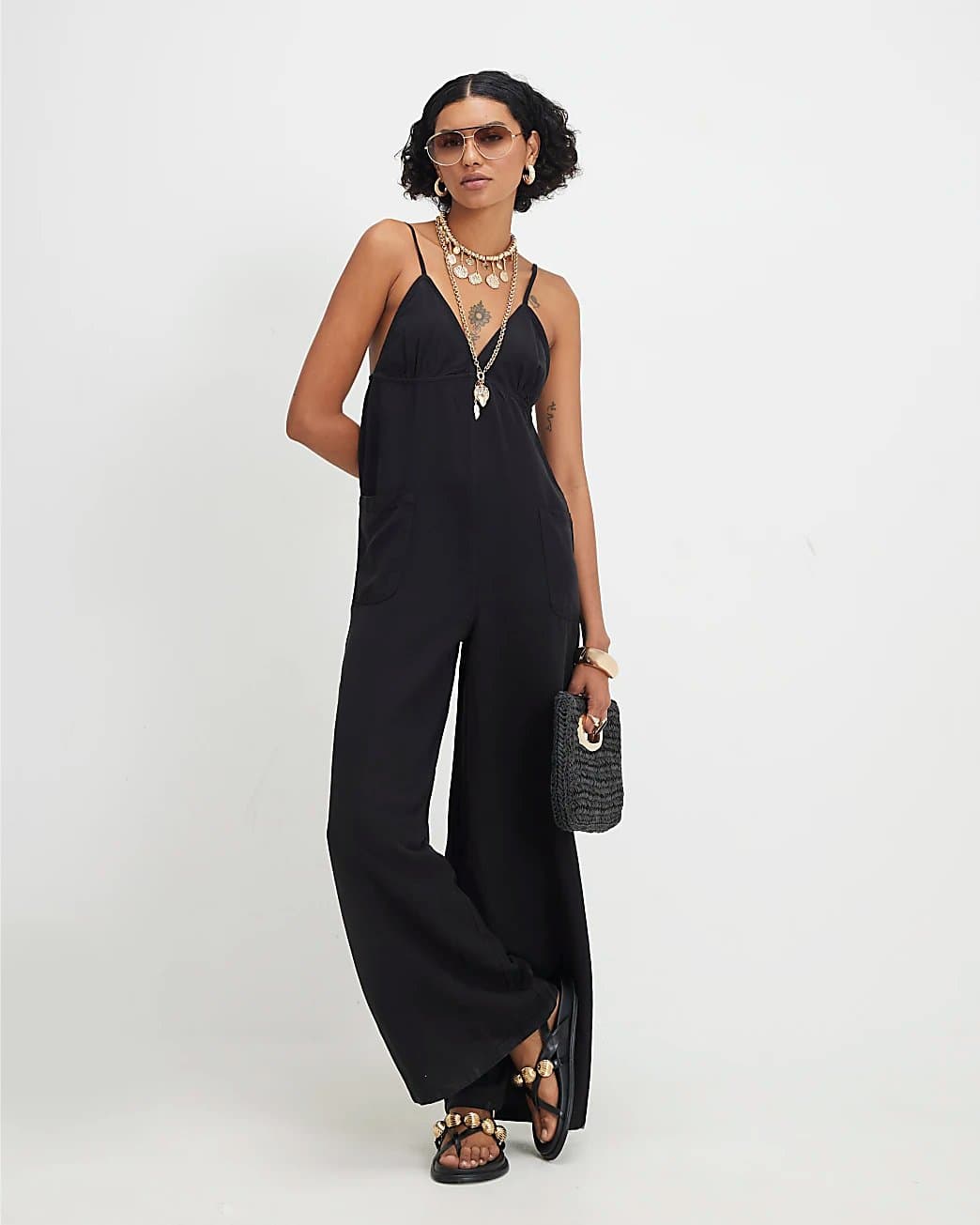 River Island River Island Womens Black Twill V-Neck Jumpsuit