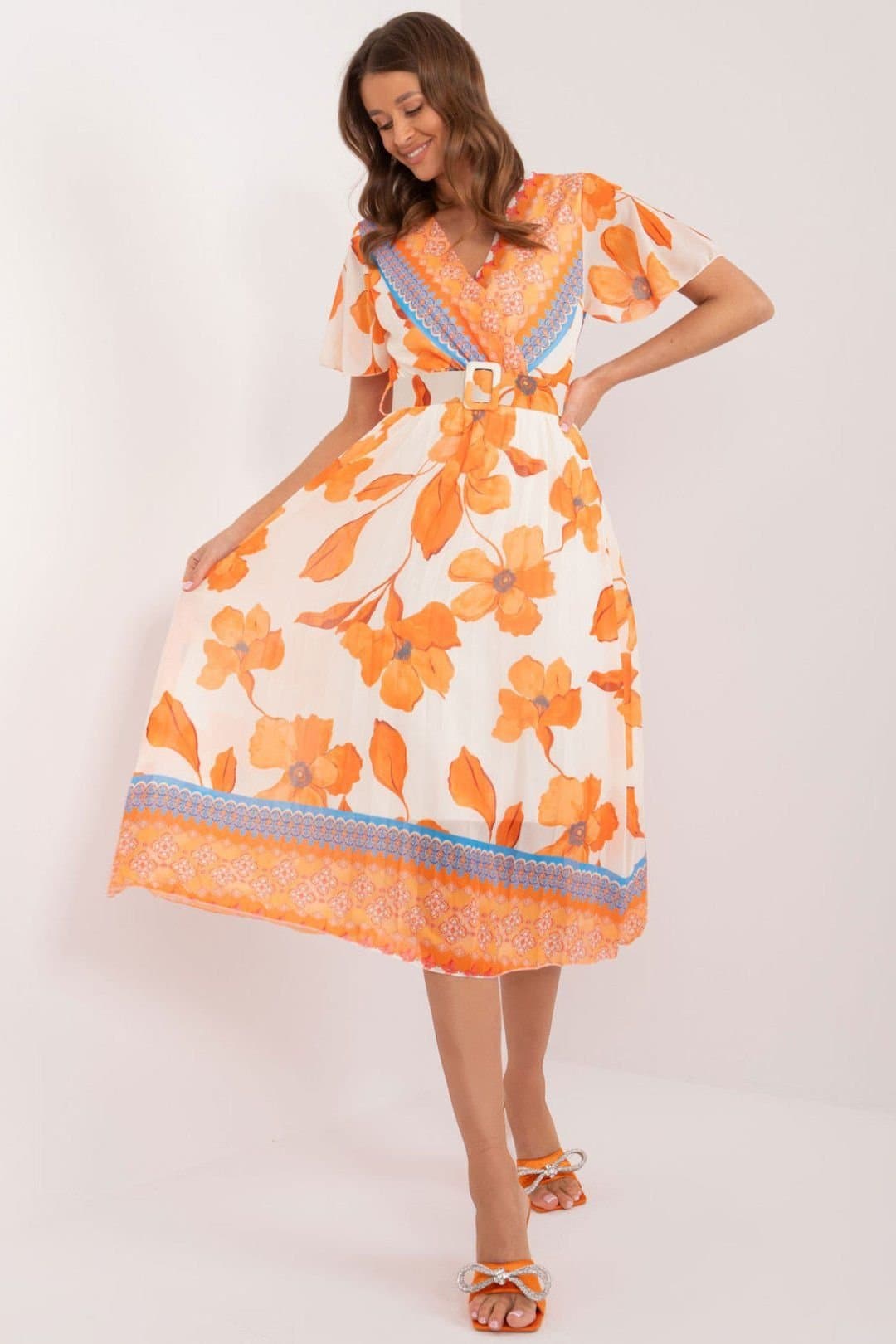 Love Lace Love Lace Women's Summer Frilled Sleeve Belted Lined Dress in Orange