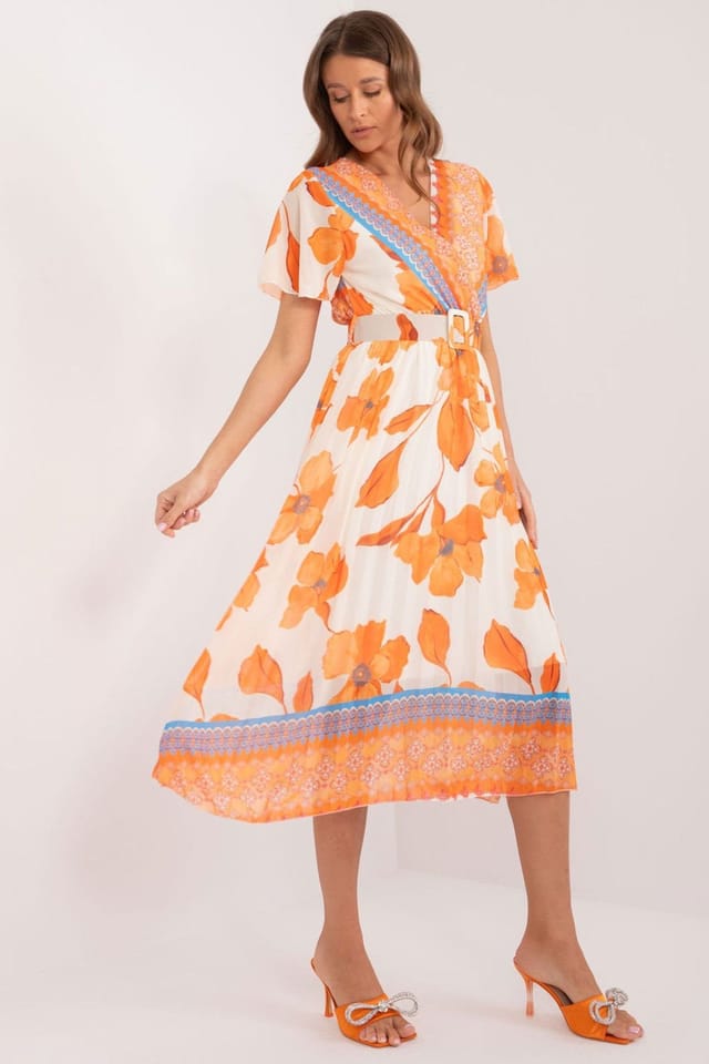 Love Lace Love Lace Women's Summer Frilled Sleeve Belted Lined Dress in Orange - 2