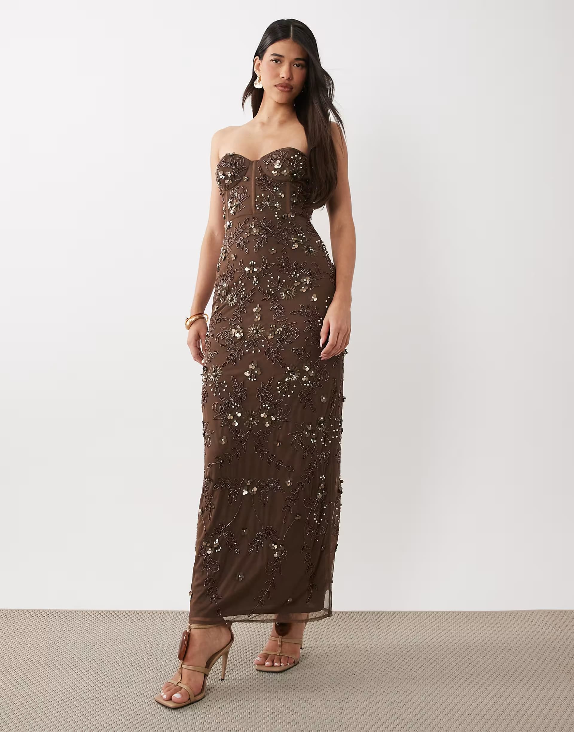 ASOS Beauut embellished corset strapless slit back maxi dress in chocolate