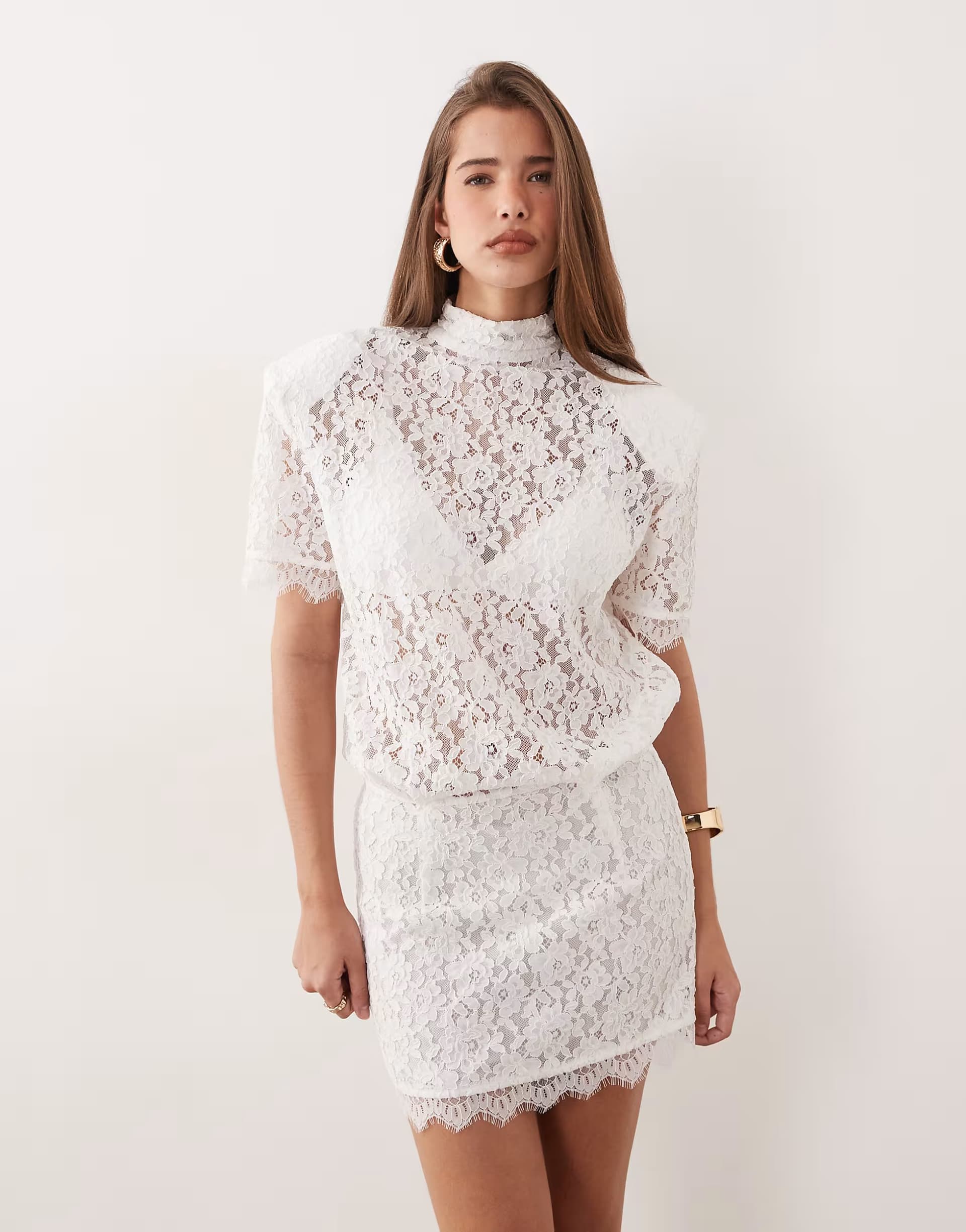 ASOS Noughts & Kisses lace high neck padded shoulder mini dress in white