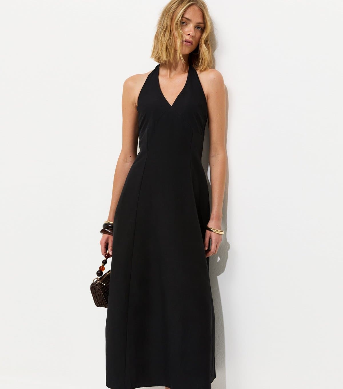 New Look Women's Black Halter Neck Cotton Rich Midi Dress New Look