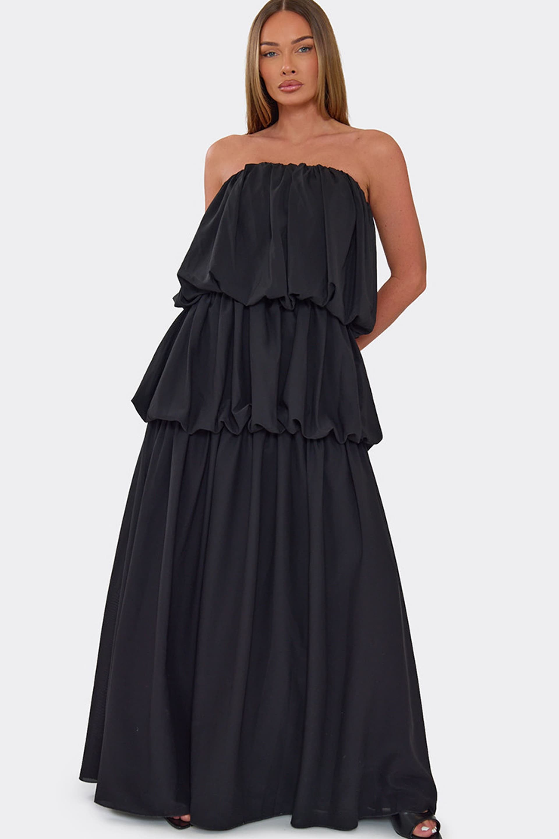EGO EGO Women's Sleeveless Bandeau Tiered Chiffon Maxi Dress in Black