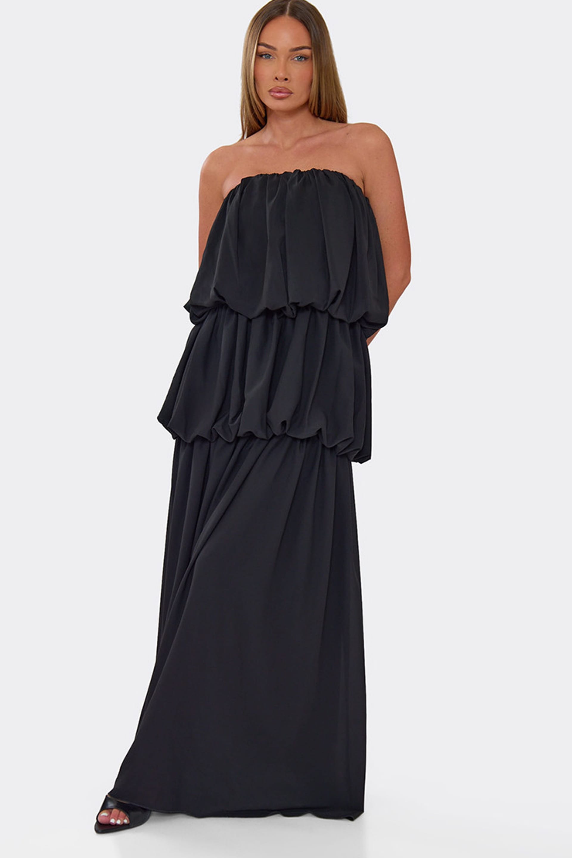 EGO EGO Women's Sleeveless Bandeau Tiered Chiffon Maxi Dress in Black - 4