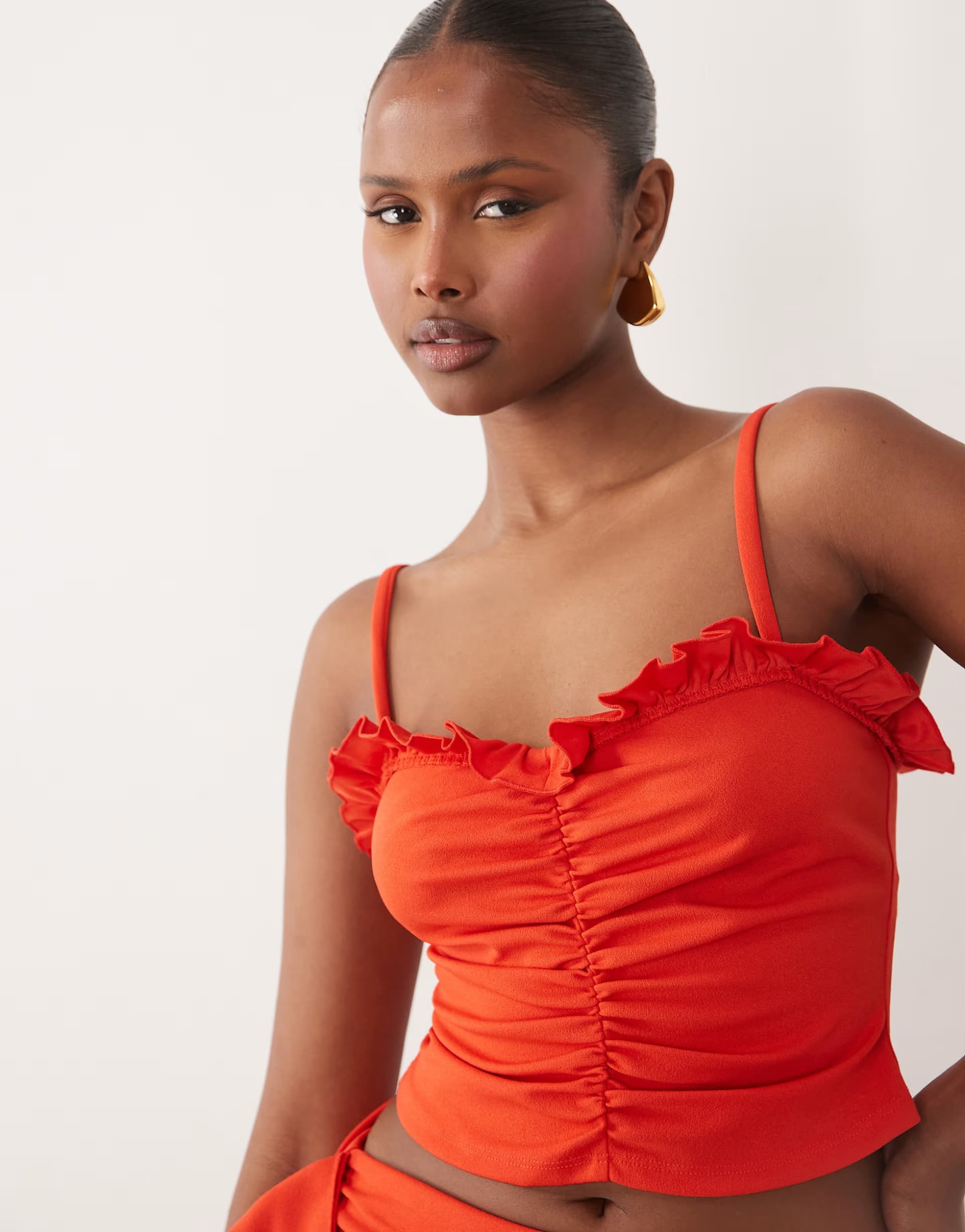 ASOS ASOS DESIGN co-ord crepe ruched cami top with neck frill in red