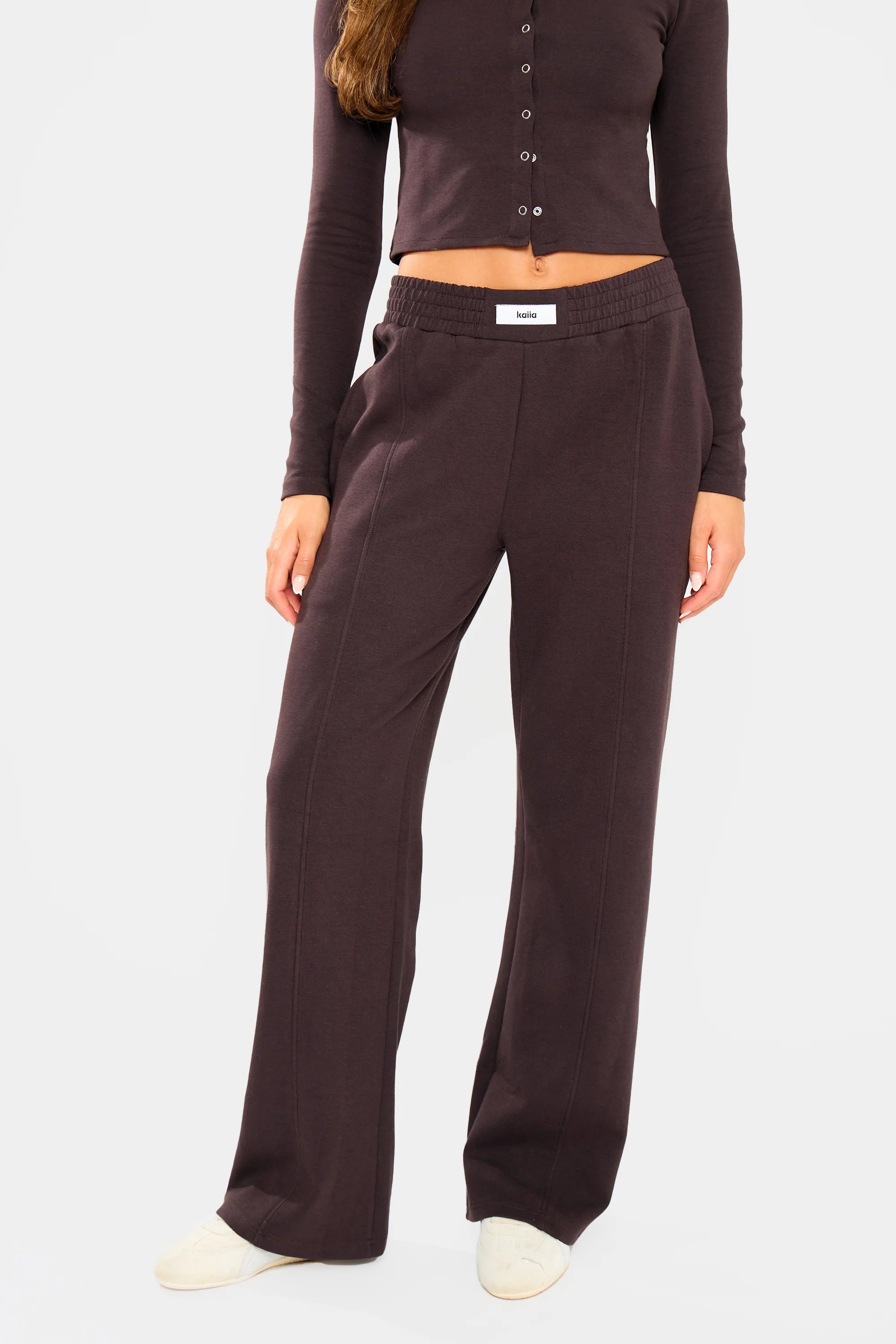 Kaiia Kaiia Label Logo Premium Interlock Seam Detail Wide Leg Joggers Dark Brown - 2