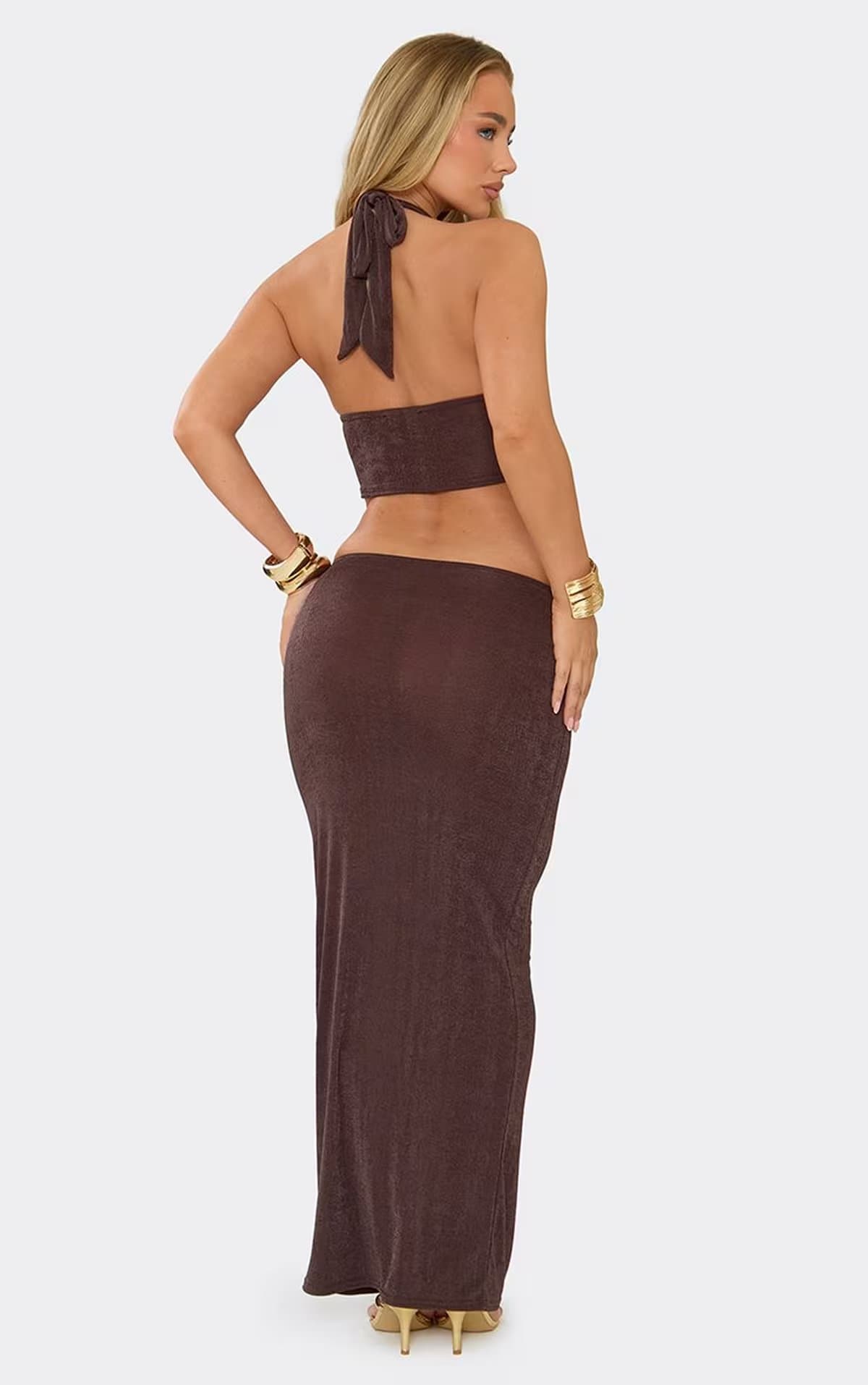 EGO Halterneck Cut Out Beaded Detail Maxi Dress In Brown, Women's Size UK 6