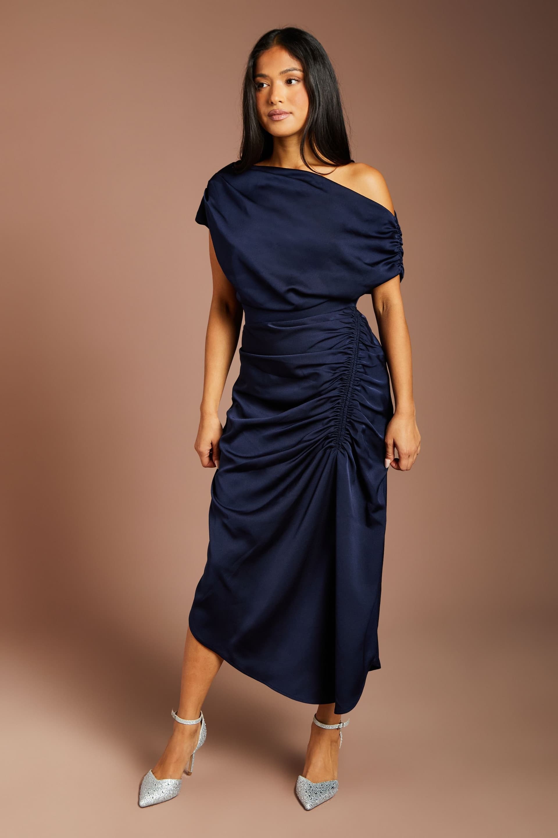 Coast Coast Women's Petite Satin Ruched One Shoulder Asymmetric Hem Midi Dress in Navy