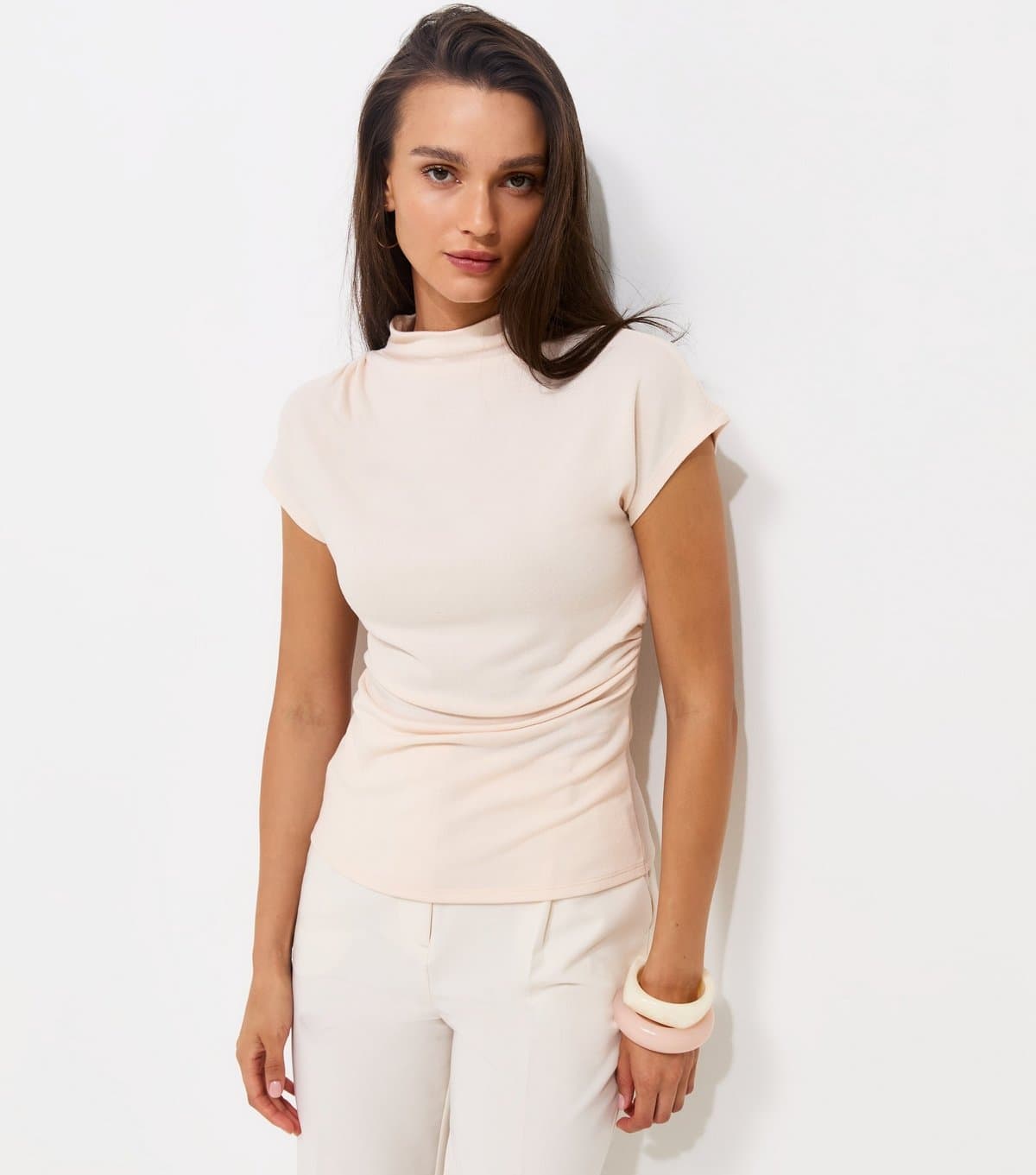 New Look Women's Oatmeal Soft Touch Draped High Neck T-Shirt New Look