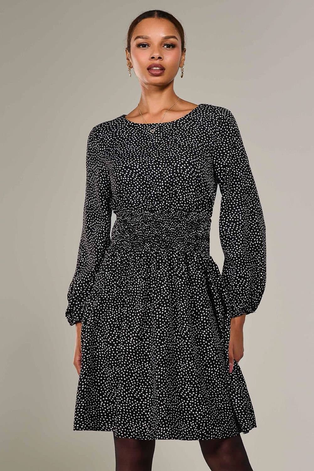 Jolie Moi Jolie Moi Women's Long Sleeve Ruched Waist Midi Dress in Black