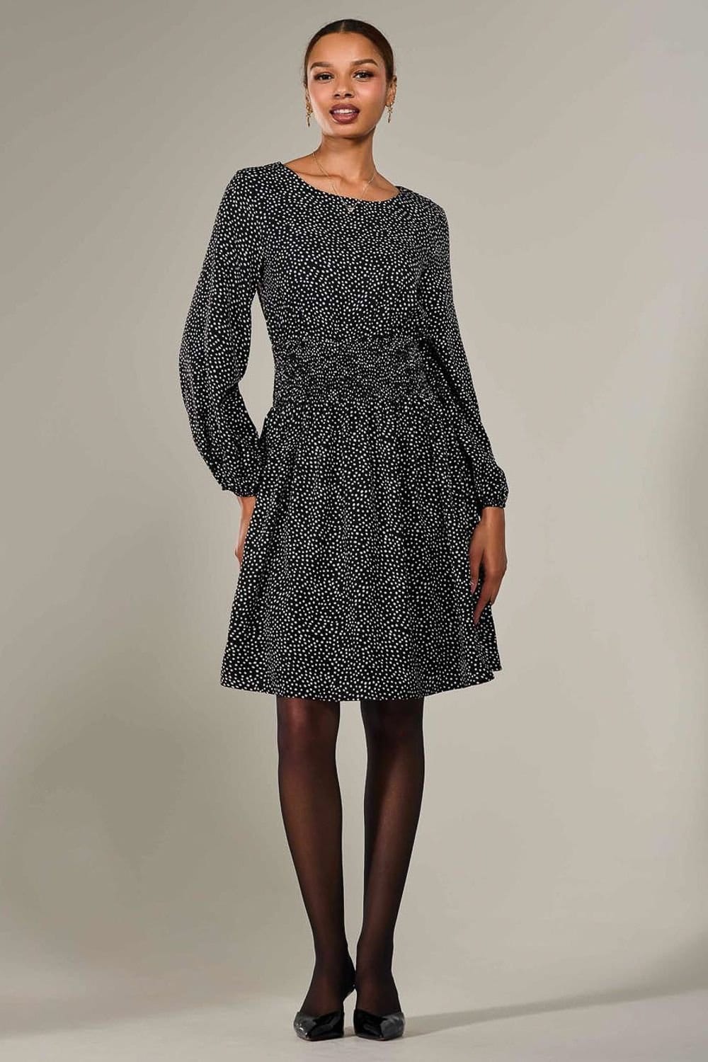 Jolie Moi Jolie Moi Women's Long Sleeve Ruched Waist Midi Dress in Black - 4