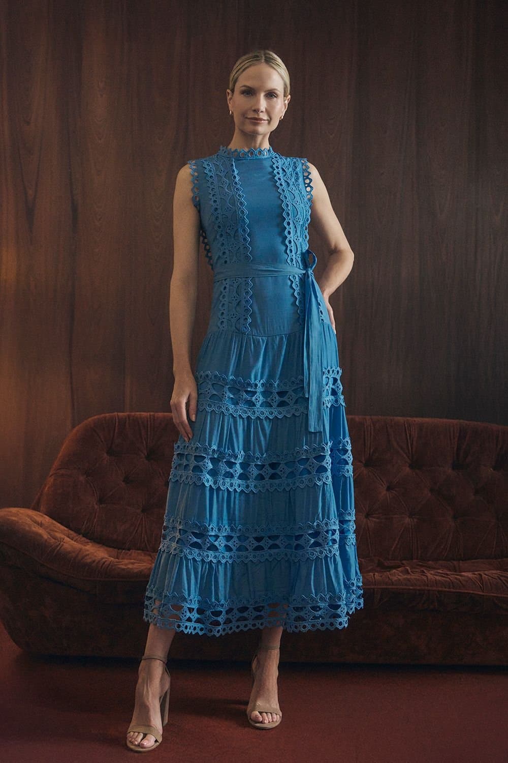 Izabel London Izabel London Women's Lace Layer Sleeveless Tie Maxi Dress in Blue
