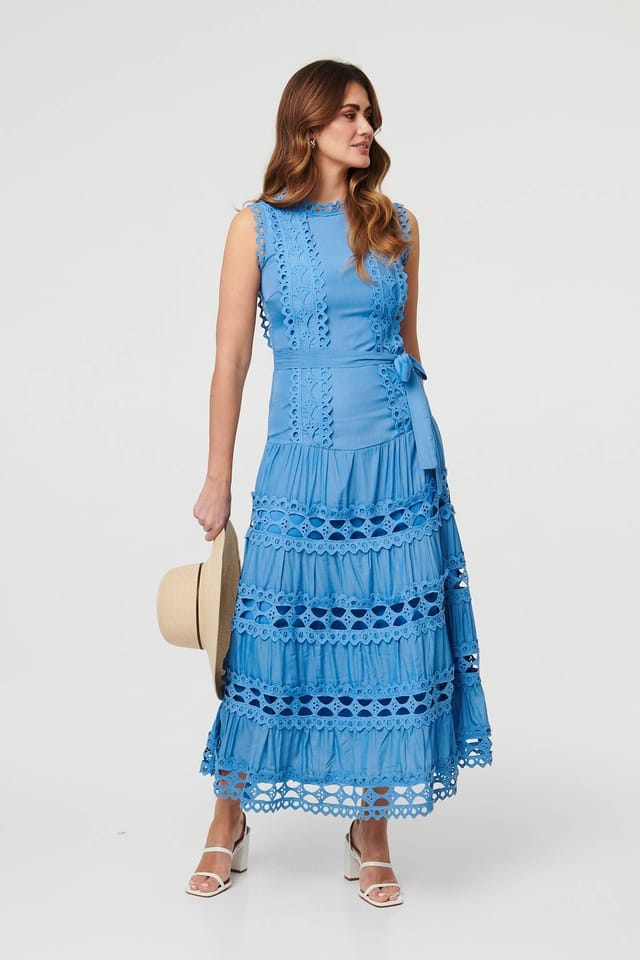 Izabel London Izabel London Women's Lace Layer Sleeveless Tie Maxi Dress in Blue - 3