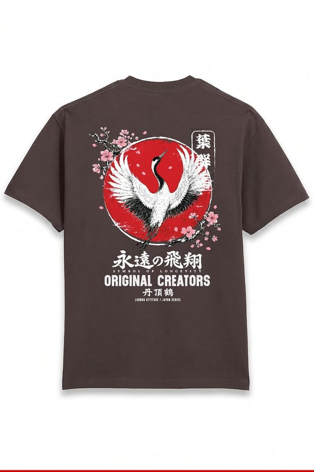 LONDON ATTITUDE LONDON ATTITUDE Men's Japanese Crane Oversized Heavyweight Graphic T-Shirt in Chocolate - 2