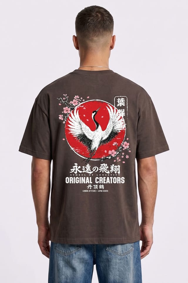 LONDON ATTITUDE LONDON ATTITUDE Men's Japanese Crane Oversized Heavyweight Graphic T-Shirt in Chocolate - 3