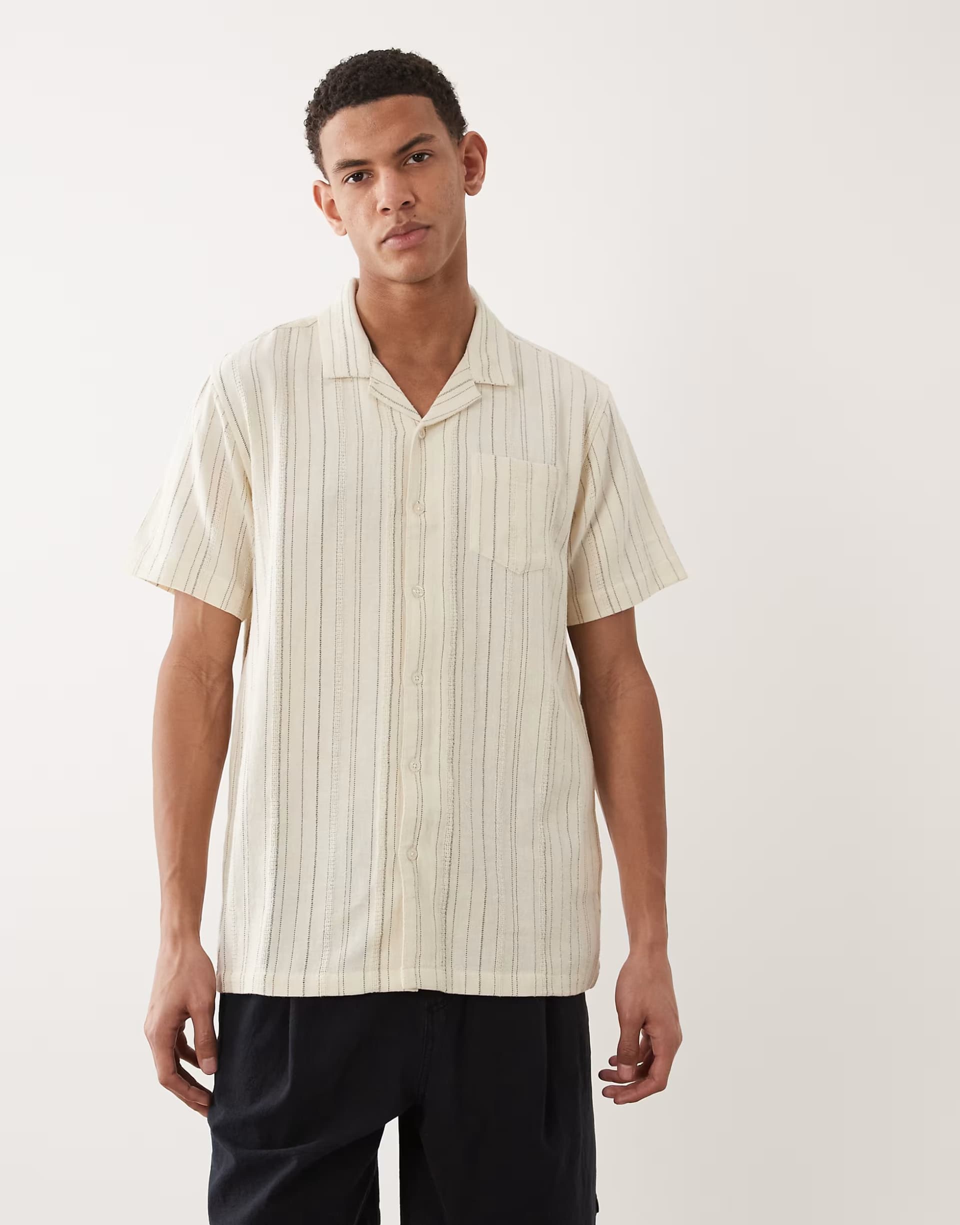 ASOS Brave Soul textured short sleeve shirt co-ord in cream and brown stripe