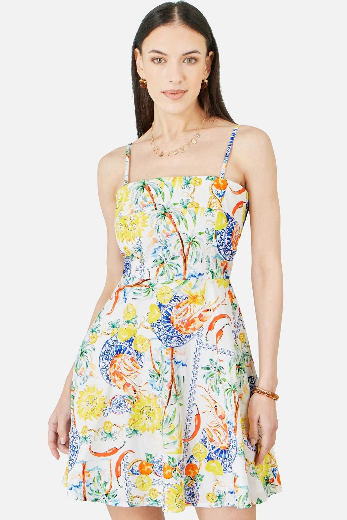 Yumi Yumi Women's White Mediterranean Print Cotton Mini Sun Dress in Natural White