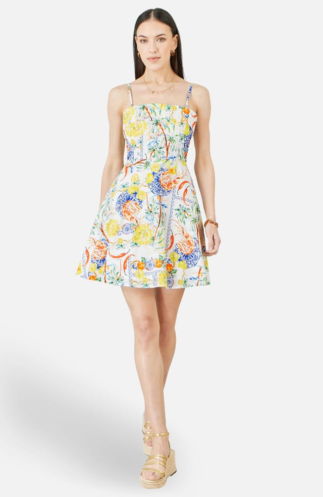 Yumi Yumi Women's White Mediterranean Print Cotton Mini Sun Dress in Natural White - 2