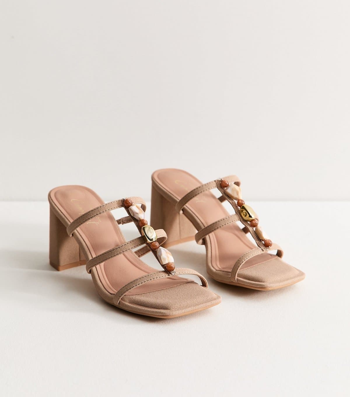 New Look Women's Camel Faux Leather Beaded Block Heel Mules Vegan New Look