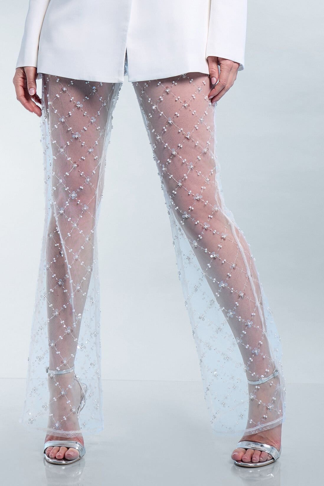 Public Desire Public Desire Women's Sheer Embellished Flared Trousers White - 4