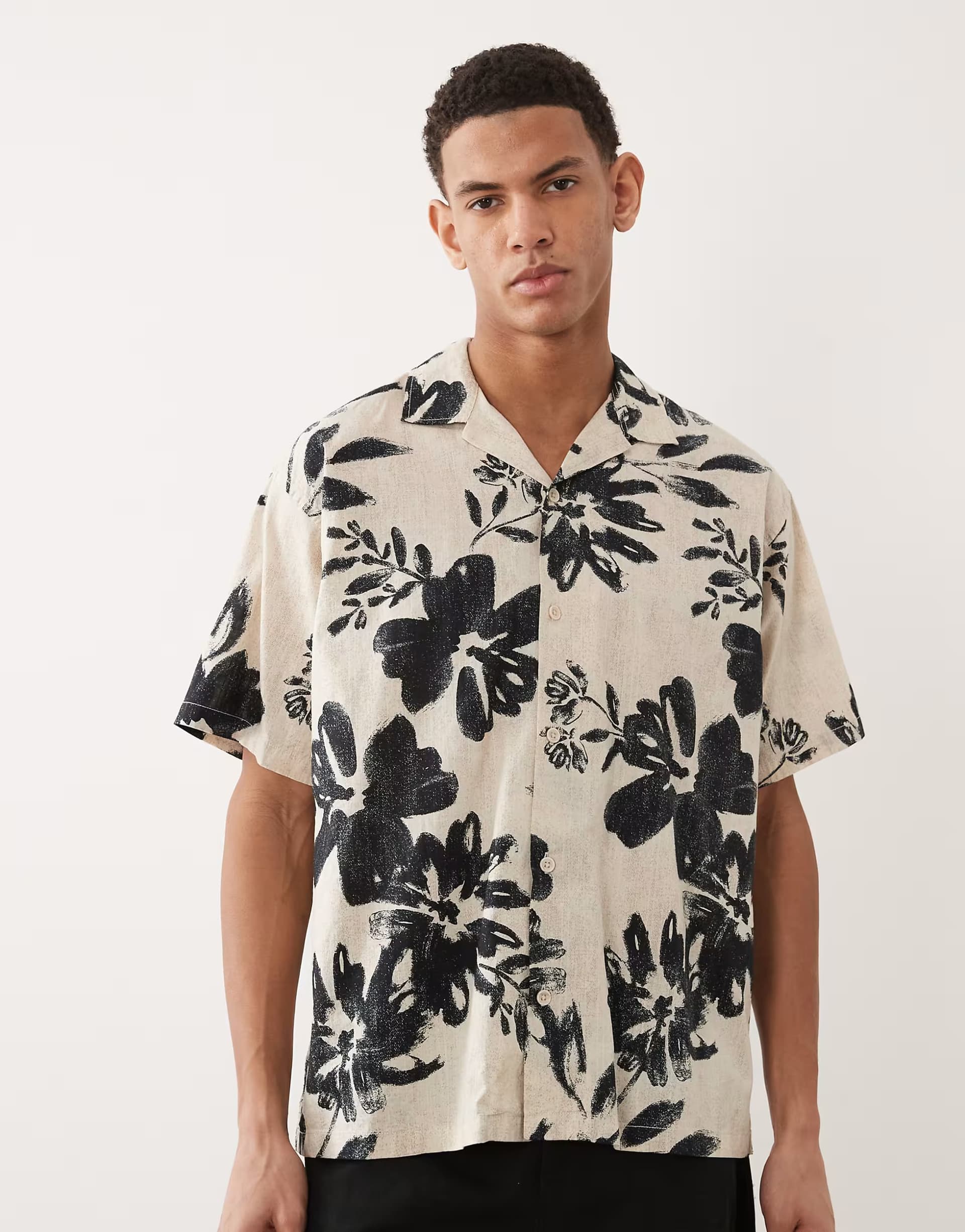 ASOS Jack & Jones Premium short sleeve shirt with plant print in beige