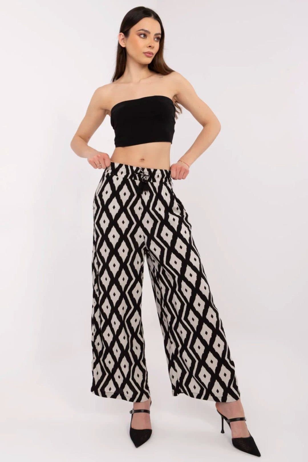 Love Lace Love Lace Women's Light Viscose Wide Leg Tie Waist Trousers Style 212664 in Black