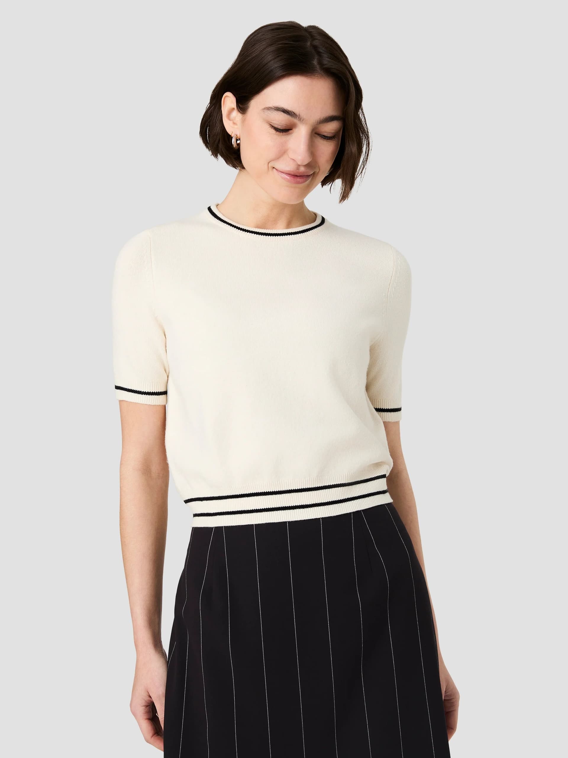 French Connection Babysoft Cream Contrast Stripe Knit Top Porcelain Cream/Black